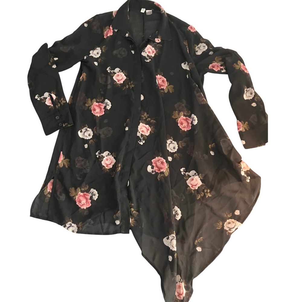 HM‎ Divided Black Rose Floral Asymmetrical Sheer Tunic Sz 8 Whismigoth Witchy